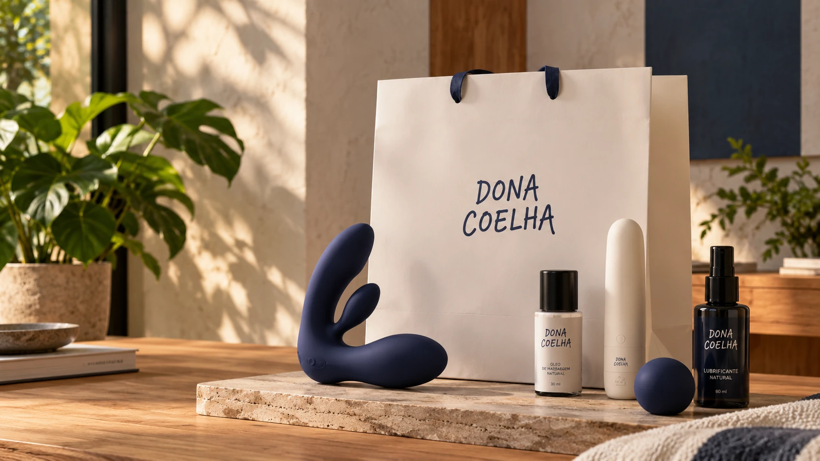 Sacola e produtos da Dona Coelha sobre uma mesa de madeira