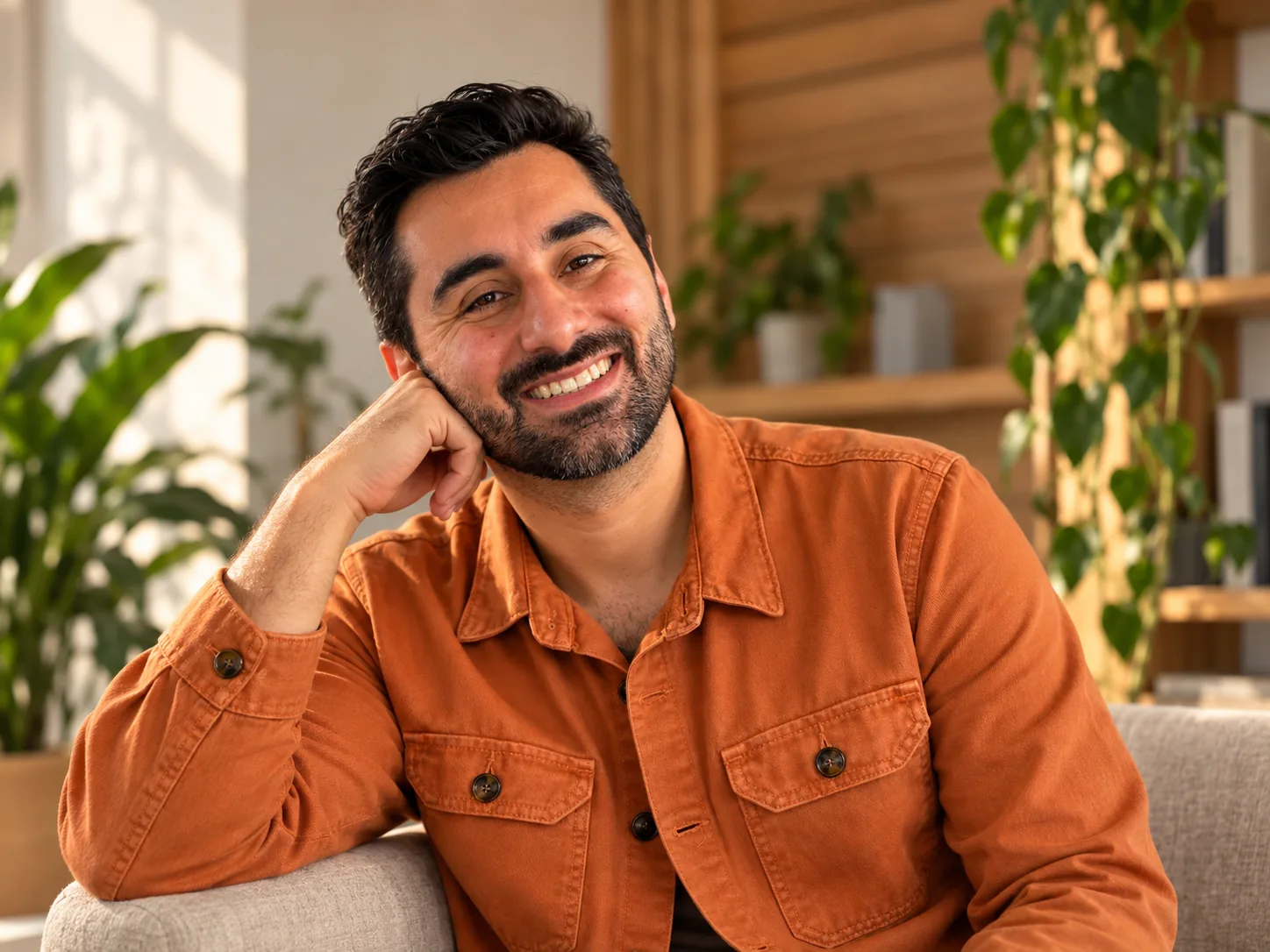 Renan de Paula de camisa laranja, com a mão no rosto
