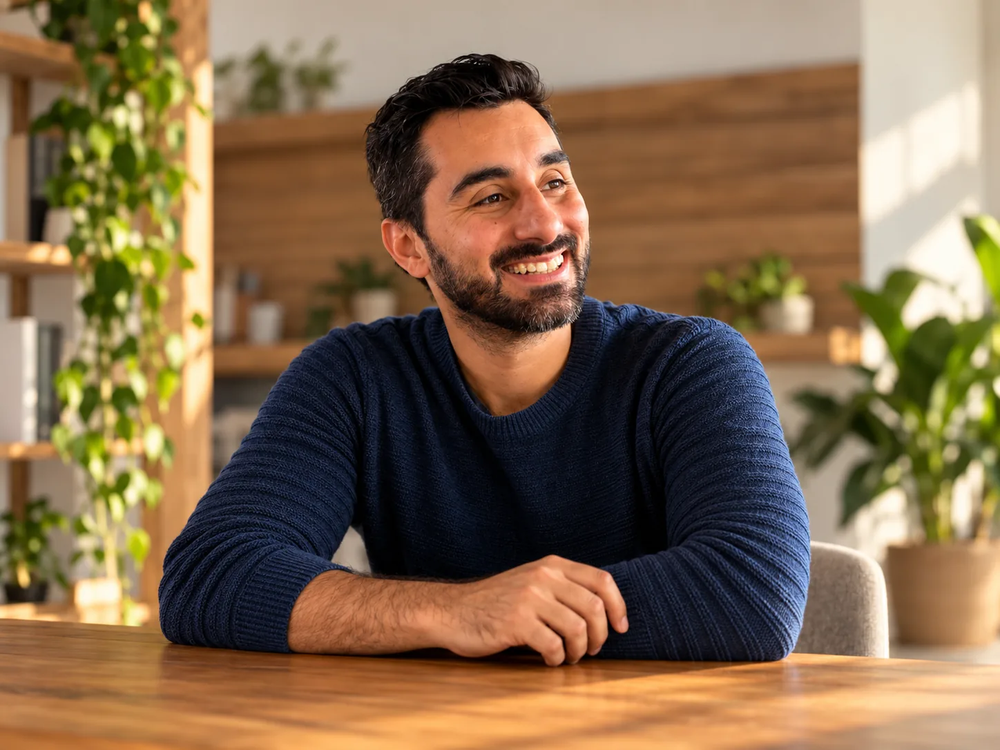 Renan de Paula sorrindo, sentado à mesa
